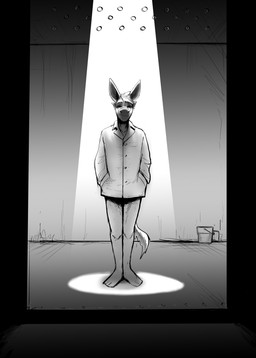 anthro bottomless bottomless_anthro bottomless_male clothed clothing hands_in_both_pockets looking_at_viewer male prison_cell smile solo spotlight standing hladilnik donk_(hladilnik) asinus donkey equid equine mammal 2025 black_and_white hi_res monochrome