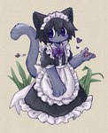 4_fingers ambiguous_gender anthro apron biped black_clothing black_dress black_ears black_inner_ear bow_(feature) bow_accessory clothed clothing dress fingerpads fingers front_view fully_clothed fur grass grey_body grey_fur grey_tail hair heart_symbol kemono looking_at_viewer maid_apron maid_headdress maid_uniform monotone_body monotone_fur monotone_hair monotone_tail neck_bow pawpads pink_pawpads plant purple_bow short_hair simple_background solo standing tail tan_background uniform white_apron white_clothing non_nya_nya non_(non_nya_nya) ambient_arthropod ambient_bee ambient_insect arthropod bee domestic_cat felid feline felis hymenopteran insect mammal 2023 colored digital_media_(artwork) portrait shaded three-quarter_portrait male_(lore)