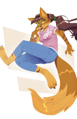 3_toes action_pose anthro arm_markings bangs barefoot biped bottomwear breasts brown_body brown_fur brown_hair clothed clothed_anthro clothed_female clothing denim denim_bottomwear denim_clothing digitigrade feet female female_anthro fur gesture green_eyes hair hand_gesture jeans long_hair long_tail looking_at_viewer markings medium_breasts midair pants pose pupils shirt simple_background slit_pupils solo striped_markings stripes tail teeth three-quarter_view tied_hair toes tongue tongue_out topwear v_sign ruffu unnamed_character felid feline mammal digital_drawing_(artwork) digital_media_(artwork)