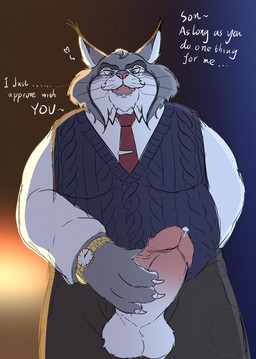 anthro balls big_penis bodily_fluids bottomwear clock clothed clothing dialogue erection facial_hair genital_fluids genitals glans hand_behind_back imminent_sex implied_incest male male_anthro mature_anthro mature_male mustache necktie open_bottomwear open_clothing open_mouth open_pants overweight overweight_male pants penis penis_in_hand precum sweater sweater_vest text topwear vest watch aolieloong disney zootopia milton_lynxley canada_lynx felid feline lynx mammal english_text hi_res