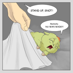 abuse ambiguous_feral ambiguous_gender ambiguous_human baby_talk bedding blanket border dialogue duo eyes_closed feral fur green_body green_fur grey_border hair holding_object hooves insult light_body light_skin lying neonate on_side open_mouth orange_hair quadruped solo_focus speech_bubble text under_covers verbal_abuse young young_ambiguous young_feral backstubb fluffy_pony fluffy_pony_(species) human mammal 1:1 digital_media_(artwork) english_text low_res shaded