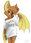 2009 anthro bat bottomless clothed clothing collaboration dingbat dingbat_(character) exposed_shoulder female green_eyes looking_at_viewer mammal membrane_(anatomy) membranous_wings mikepumalynx off_shoulder oversized_clothing oversized_shirt oversized_topwear seductive shirt simple_background solo text text_on_clothing text_on_shirt text_on_topwear topwear white_background winged_arms wings