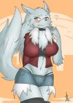 5_fingers anthro big_breasts black_nose blush bottomwear breasts chest_tuft clothed clothing embarrassed eyebrows eyelashes female fingers fur grey_body grey_fur legwear midriff navel scar shorts shy simple_background solo thigh_highs tuft wide_hips yellow_eyes ran-th velvela canid canine canis mammal wolf hi_res