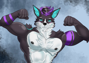 anthro biceps flexing male muscular solo checkhoff wolfpupsif canid canine canis mammal wolf absurd_res hi_res