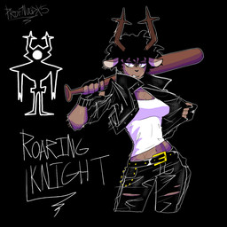 2_horns anthro antlers bat_(object) belt black_background black_hair bottomwear brown_body brown_fur clothing female freckled_face freckles fur hair holding_bat horn jacket leather leather_bottomwear leather_clothing leather_jacket leather_pants leather_topwear pants simple_background solo text topwear white_clothing white_topwear professornoodless deltarune undertale_(series) dess_holiday deer mammal new_world_deer reindeer 1:1 2025 english_text hi_res signature