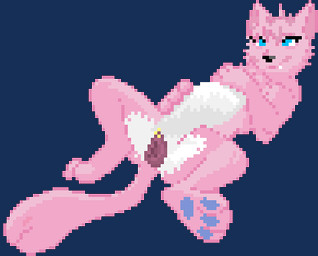 belly belly_rub blue_pawpads female feral fur lying on_back pawpads pink_body pink_fur solo tail tail_mouth unusual_anatomy unusual_tail vore white_belly vorochi felid feline mammal animated low_res