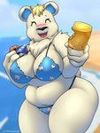 anthro belly belly_folds belly_overhang belly_rolls big_breasts bikini black_nose blurred_background blush breasts clothed clothing eyebrows eyes_closed fangs female fingers fur hair holding_object open_mouth outside overweight overweight_anthro overweight_female solo swimwear teeth thick_thighs two-piece_swimsuit aeonspassed animal_crossing nintendo tutu_(animal_crossing) bear mammal polar_bear ursine 2022 3:4 digital_media_(artwork) hi_res