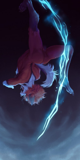 anthro balls black_body black_fur butt electricity fangs fur genitals hair leg_tuft logo male messy_hair nipples nude open_mouth orange_hair red_balls red_body red_fur short_hair simple_background solo teeth tuft upside_down white_body white_fur riorix canid mammal 2020 artist_logo dated full-length_portrait hi_res portrait