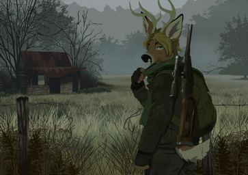 anthro backpack black_nose blonde_hair clothed clothing detailed_background fully_clothed gloves grass gun hair handwear looking_at_viewer looking_back male plant ranged_weapon short_tail solo standing tail weapon akitamonster deer mammal