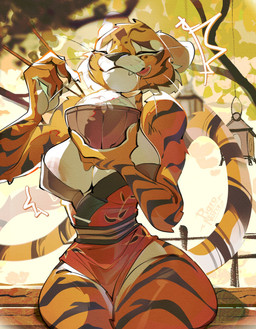 anthro areola areola_slip asian_clothing bench big_breasts blep bodily_fluids bowl breasts chinese_clothing chinese_dress chopsticks claws cleavage clothed clothing container curvy_figure cute_fangs dress drooling ears_up east_asian_clothing eating enjoying eyes_closed fangs female fingers food food_bowl front_view fur happy holding_bowl holding_container holding_object hourglass_figure huge_breasts legs_together leotard nipples on_bench orange_body orange_fur outside partially_exposed partially_exposed_breasts pet_bowl plant rice saliva shoulderless_shirt sitting sitting_on_bench smile solo strapless_clothing strapless_leotard striped_body striped_fur stripes tail teeth thick_thighs tongue tongue_out tree voluptuous voluptuous_anthro voluptuous_female whiskers wide_hips pigronora dreamworks kung_fu_panda master_tigress felid feline felis mammal panthera pantherine tiger 2026 digital_media_(artwork) hi_res