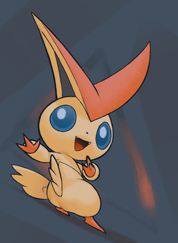 3_fingers big_ears black_background black_nose blue_eyes blue_sclera blush butt butt_wings chibi cute_fangs fangs feral fingers fur hug hugging_object hugging_pillow looking_at_viewer looking_back open_mouth open_smile orange_body orange_fur pillow simple_background smile solo teeth tongue unusual_wing_placement wings inkune nintendo pokemon generation_5_pokemon legendary_pokemon mammal pokemon_(species) victini 2020 digital_media_(artwork)