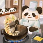 anthro biped black_body black_nose bodily_fluids chef_hat chibi clothing cooking detailed_background drooling group hat headgear headwear kemono saliva sweat white_body araru bear giant_panda mammal 1:1 2024 hi_res