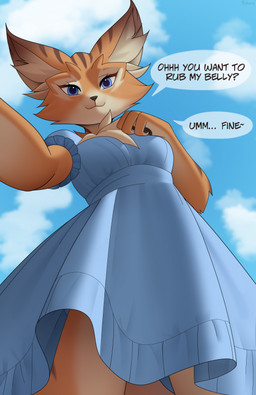anthro blue_clothing blue_dress blue_eyes cat_smile cheek_tuft chest_tuft closed_smile clothed clothed_anthro clothed_female clothing cloud day dialogue dress eyelashes facial_tuft female fingerpads first_person_view fur hand_on_chest inner_ear_fluff looking_at_viewer low-angle_view mouth_closed pawpads question sky smile solo speech_bubble standing striped_body striped_fur stripes tail tan_body tan_fur text tuft fishiru blizzard_entertainment warcraft nidsi_the_vulpera canid mammal vulpera 2025 artist_name english_text hi_res