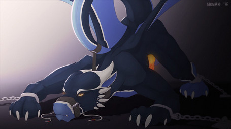 all_fours anthro balls bdsm belt blue_body blue_scales blue_wings bondage bound chain chained claws cuff_(restraint) dominant erection genitals horn iron_cuffs knot looking_at_viewer male membrane_(anatomy) membranous_wings metal_cuffs muzzle_(object) muzzled non-mammal_balls nude penis raised_tail restraints scales solo spreading submissive submissive_male tail teeth wings yellow_eyes nekan mythology nekan_(character) dragon mythological_creature mythological_scalie scalie 16:9 2016 widescreen