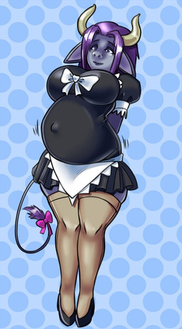 abstract_background accessory anthro belly big_belly biped bow_(feature) bow_accessory bow_ribbon clothing female footwear furgonomics hair high_heels horn maid_uniform navel outie_navel pregnant purple_eyes purple_hair ribbons shoes simple_background smile solo standing tail tail_accessory tail_bow tail_ribbon uniform moonstone-goddess bovid bovine mammal hi_res