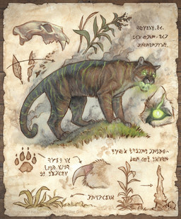 ambiguous_gender bone claws digitigrade feral fur glowing glowing_eyes glowing_mouth grass green_eyes open_mouth paper plant skull solo standing tail text caraid hasbro magic:_the_gathering wizards_of_the_coast ygra_(magic:_the_gathering) felid mammal 2024 hi_res official_art