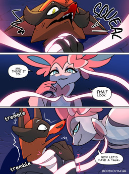 anthro asphyxiation bite biting_lip blood blood_on_face blue_eyes bodily_fluids choking clothed clothing dialogue duo male shaking speech_bubble squeak text trembling wide_eyed yellow_eyes odeko-yma nintendo pokemon pokemon_mystery_dungeon spike_chunsoft pix_(odeko-yma) eeveelution generation_6_pokemon generation_8_pokemon pokemon_(species) sylveon thievul 2026 absurd_res comic digital_media_(artwork) english_text hi_res signature