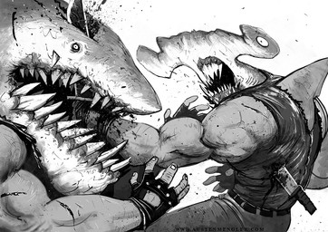 attack bite blood bodily_fluids clothing duo fight gloves handwear knife stab teeth austen_mengler aquatic fish ground_shark hammerhead_shark shark monochrome