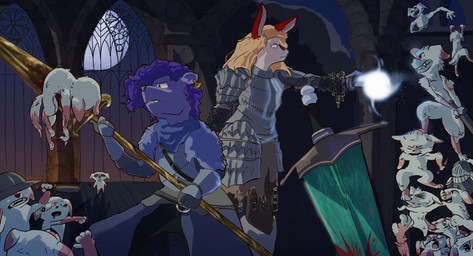 ambiguous_gender anthro armor azurelace back_to_back blonde_hair blood bodily_fluids boots breastplate chain clothed clothing dagger drooling duo ear_piercing ear_ring elemental_manipulation fangs fight fighting_pose footwear frown fur gauntlets gloves group hair handwear headgear helmet ice_manipulation legwear light magic magic_user male melee_weapon moon moonlight multicolored_body night pauldron piercing polearm pose purple_body purple_fur purple_hair ratgaming ring_piercing saliva scarf shoes spear standing sword sword_in_ground tan_body tan_fur teeth weapon white_body white_fur dark_souls fromsoftware azure_(azurelace) ruby_(rubywolfe) canid canine lagomorph leporid mammal murid murine rabbit rat rodent colored digital_drawing_(artwork) digital_media_(artwork) hi_res shaded signature