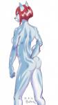 anthro arched_back athletic athletic_anthro athletic_female black_nose blue_body blue_fur breasts butt eyelashes female frown fur glistening hair humanoid_hands kemono looking_back mouth_closed multicolored_body multicolored_fur nude pink_eyes red_hair short_hair simple_background solo standing white_background mibuchi canid canine canis domestic_dog mammal 2017 digital_media_(artwork) portrait three-quarter_portrait