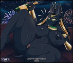 anthro big_breasts black_nipples breasts female fireworks genitals nipples pussy solo spread_legs spreading knightmoonlight98 egyptian_mythology middle_eastern_mythology mythology new_year_2023 jessica_the_jackal canid canine canis deity jackal mammal hi_res