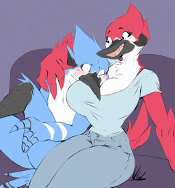 anthro beak big_breasts blue_body blue_feathers blush bodily_fluids bottomwear breasts clothed clothed_anthro clothed_female clothing curvy_figure denim denim_bottomwear denim_clothing duo feathers female fully_clothed fully_clothed_anthro fully_clothed_female huge_breasts jeans male male/female nude_male pants red_body red_feathers small_waist smile sweat sweatdrop teeth thick_thighs toothed_beak wide_hips dullvivid cartoon_network regular_show margaret_smith_(regular_show) mordecai_(regular_show) avian bird blue_jay cardinal_(bird) corvid jay_(bird) new_world_jay oscine passerine digital_drawing_(artwork) digital_media_(artwork) hi_res