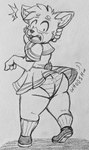 anthro blush bottomwear butt clothed clothing crossdressing emanata fully_clothed looking_back male open_mouth panties raised_bottomwear raised_clothing raised_skirt school_uniform skirt solo sound_effects text thick_thighs underwear uniform upskirt wide_hips wind_lift fauxtellno1 housepets! king_(housepets!) canid canine canis domestic_dog herding_dog mammal pastoral_dog welsh_corgi english_text graphite_(artwork) hi_res monochrome traditional_media_(artwork)