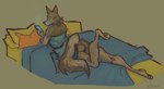 anthro bare_butt barefoot bed bedding black_nose blanket blue_blanket blue_clothing blue_dress brown_body brown_fur brown_tail butt cellphone cheek_tuft clothing dress electronics facial_tuft feet female fur furniture holding_object inside long_tail looking_at_cellphone looking_at_object looking_at_phone lying multicolored_body multicolored_fur on_front orange_pillow pawpads paws phone pillow simple_background solo tail tuft yellow_bedding yellow_pillow flockdog canid canine canis mammal wolf 2023 colored dated digital_drawing_(artwork) digital_media_(artwork) hi_res