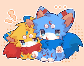 ambiguous_gender animal_ears blue_body blue_eyes blue_scarf blush blush_stickers chibi cloud dotted_background duo feral mouth_closed open_mouth outline pattern_background pawpads paws pink_background red_scarf scarf side-by-side simple_background sitting tail white_outline yellow_body canid canine canis fox mammal wolf