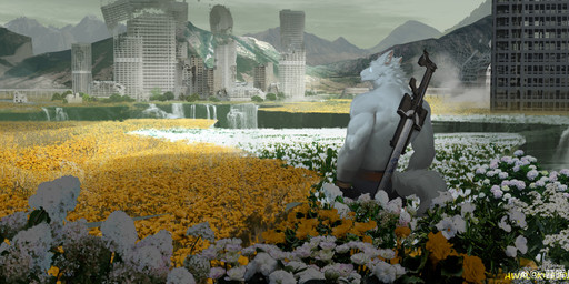 anthro bottomwear cheek_tuft clothed clothing day ears_back facial_markings facial_tuft flower fur grey_bottomwear grey_clothing grey_pants gun head_markings inner_ear_fluff izanagi's_burden male male_anthro markings mountain mouth_closed neck_tuft outside pants pivoted_ears plant ranged_weapon rifle ruin sniper_rifle sniper_rifle_(destiny) solo standing tail topless tuft waterfall weapon white_body white_flower white_fur white_inner_ear_fluff white_tail yellow_flower awaldkize bungie destiny_(series) destiny_2 canid canine mammal absurd_res collage_(artwork) digital_media_(artwork) hi_res mixed_media