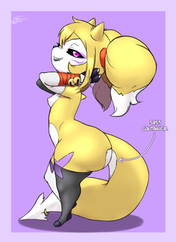 areola bandage bell big_butt black_body black_fur breasts butt clothing female fur gloves handwear horn huge_butt legwear markings nipples shortstack stockings white_body white_fur yellow_body yellow_fur furball bandai_namco digimon evil_container renimpmon renimpmon_x canid canine demon fox hybrid imp mammal 2025 hi_res meme