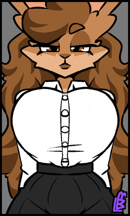 anthro big_breasts blank_stare bottomwear breast_focus breasts brown_body brown_eyes brown_fur brown_hair brown_nose button_(fastener) clothed clothing collared_shirt curly_hair dress_shirt eyeshadow female front_view fully_clothed fur grey_background hair hands_behind_back huge_breasts lipstick long_hair looking_at_viewer makeup office_clothing presenting presenting_breasts shirt shirt_tucked_in simple_background skirt solo thick_thighs topwear white_clothing white_shirt white_topwear lewded_blaze nameless_character lagomorph mammal bust_portrait hi_res portrait watermark