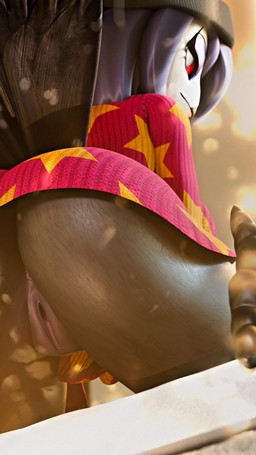anthro anus beak beanie big_butt black_beanie black_body black_clothing black_hat black_headwear blurred_background bottomless bottomless_anthro bottomless_female butt clitoris clothed clothing dutch_angle eyeshadow feathers feet female genitals hair hat headgear headwear long_hair looking_at_viewer looking_back looking_back_at_viewer makeup non-mammal_vulva purple_eyeshadow purple_hair rear_view red_clothing red_sclera red_sweater red_topwear solo star_print sweater tail tail_feathers talons toes topwear vulva white_eyes mrs_dexie samzan_(modeler) hellaverse helluva_boss octavia_(helluva_boss) avian bird owl 2026 3d_(artwork) absurd_res digital_media_(artwork) hi_res