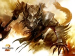 4:3 armor axe charr fangs felid female flat_chested guild_wars horn kekai_kotaki looking_at_viewer mammal melee_weapon official_art solo tail teeth weapon