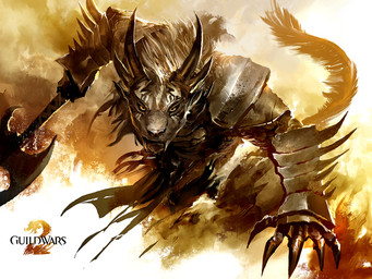 armor axe fangs female flat_chested horn looking_at_viewer melee_weapon solo tail teeth weapon kekai_kotaki guild_wars charr felid mammal 4:3 official_art