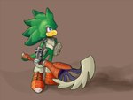 anthro armor beak blue_eyes boots clothing footwear gauntlets gloves green_body handwear male shoes simple_background solo weapon ke_m72 pogonip sega sonic_and_the_black_knight sonic_riders sonic_storybook_series sonic_the_hedgehog_(series) jet_the_hawk sir_lamorak_(sonic_and_the_black_knight) accipitrid accipitriform avian bird