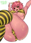 animal_print black_sclera bra breasts butt butt_focus clothing female hair horn knee_highs legwear not_furry open_mouth panties pink_body pink_hair pink_skin short_hair simple_background smile solo underwear shosho_oekaki my_hero_academia ashido_mina horned_humanoid humanoid mammal hi_res