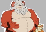 2021 4_fingers anthro anthrofied barazoku belly big_belly curled_hair duo fangs fingers generation_1_pokemon generation_8_pokemon grey_background grey_hair growlithe hair hand_on_belly hisuian_form hisuian_growlithe huge_muscle looking_at_another male mc_morrales musclegut muscular nintendo nude open_mouth pokemon pokemon_(species) regional_form_(pokemon) simple_background size_difference teeth