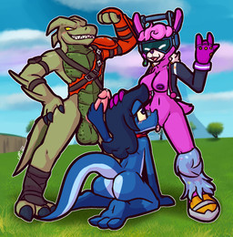 ambiguous_gender armwear balls big_balls big_butt big_penis bisexual black_claws blue_body blue_clothing blue_hair blue_jacket blue_scales blue_topwear blush bodily_fluids butt claws clothed clothing cunnilingus erection eyes_closed eyewear female female/ambiguous flexing footwear fur genital_fluids genitals glans glasses grass green_balls green_body green_scales grey_eyewear grey_glasses grin group group_sex hair handjob humanoid_genitalia humanoid_penis jacket kerchief leg_wraps male male/ambiguous nipples open_clothing open_jacket open_topwear oral penile penis pink_glans pink_penis plant precum purple_body purple_eyes purple_fur purple_hair purple_nipples purple_nose raised_arm red_armwear red_clothing red_kerchief scales sex sharp_teeth shoes smile teeth threesome toe_claws tongue tongue_out topwear trio vaginal vaginal_fluids white_body white_eyes white_fur wraps yellow_clothing yellow_footwear yellow_sclera yellow_shoes ultilix epic_games fortnite mythology dj_bop hybrid_(fortnite) ulti_(ultilix) alpaca camelid dragon lizard mammal mythological_creature mythological_scalie reptile scalie 2025 hi_res