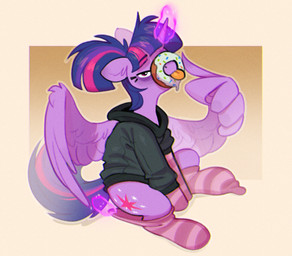 clothing dessert doughnut eye_bags female feral food gesture hair hand_gesture hoodie horn legwear licking looking_at_viewer magic pastry ponytail prehensile_wings simple_background solo stockings telekinesis thumbs_up tongue topwear wings rexyseven friendship_is_magic hasbro my_little_pony mythology twilight_sparkle_(mlp) equid equine mammal mythological_creature mythological_equine winged_unicorn