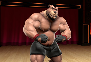 anthro beard black_clothing black_gloves black_hair black_handwear black_shirt black_topwear body_hair clothing curtains deltoids facial_hair fingerless_gloves flexing flexing_bicep floor gloves hair handwear happy_trail male musclegut muscular muscular_anthro muscular_male muscular_thighs navel nipples pecs shirt solo stage topwear triceps wood wood_floor braford house_of_beef sarge_(braford) bear brown_bear mammal ursine 2020 3d_(artwork) digital_media_(artwork) signature