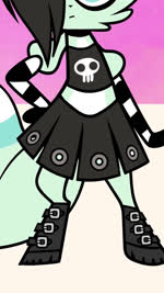 abstract_background alternative_fashion anthro armwear big_ears big_eyes black_boots black_bottomwear black_clothing black_eyeshadow black_footwear black_hair black_skirt blue_body blue_fur bone boots bottomwear buckled_boots choker clothed clothing ear_piercing ear_tag elbow_gloves eyeshadow female female_anthro feral footwear fur gauge_piercing glistening glistening_eyelids glistening_hair gloves goth gradient_background hair hair_over_eye handwear jewelry knee_boots knee_highs legwear light_body light_fur makeup music necklace one_eye_closed one_eye_obstructed pattern_armwear pattern_clothing pattern_gloves pattern_handwear piercing pink_background pleated_skirt shoes simple_background skirt skull smile solo speech_bubble striped_armwear striped_clothing striped_gloves striped_handwear stripes topwear tube_top kyrakupetsky chikn_nuggit slushi_(chikn_nuggit) arctic_fox canid canine fox mammal true_fox 9:16 animated english_audio hi_res short_playtime sound voice_acted webm