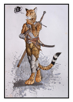 4_toes 5_fingers anthro armor biped black_spots border claws clothed clothing digitigrade dipstick_ears dipstick_tail ear_markings feet fingers fur inner_ear_fluff male markings melee_weapon multicolored_ears multicolored_tail pawpads scar simple_background solo spots spotted_body spotted_fur standing striped_markings striped_tail stripes sword tail tail_markings thinking thoughtful_expression toes tuft weapon white_border yellow_eyes 0laffson enorach_(0laffson) cheetah felid feline mammal 2015 hi_res traditional_media_(artwork)