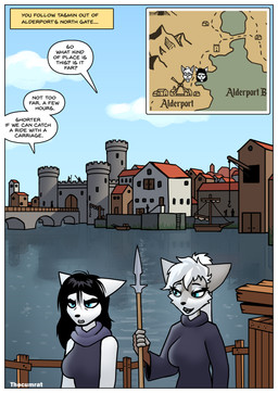 anthro black_hair blue_clothing blue_eyes boat border castle city city_background cityscape clothed clothed_anthro clothed_female clothing dark_clothing detailed_background dialogue duo fantasy female fur gloves grey_body grey_fur hair handwear long_hair looking_at_another map melee_weapon outside polearm robe sea smile spear speech_bubble text vehicle water watercraft weapon white_body white_border white_fur white_hair thecumrat sylvia_(thecumrat) tasmin canid canine felid feline fox mammal absurd_res comic english_text hi_res story