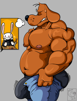 anthro barazoku belly biceps big_belly big_bulge big_butt big_muscles big_pecs blush bodily_fluids bottomwear bottomwear_pull breath bulge butt clenched_teeth clothed clothing clothing_pull dagger deltoids denim denim_bottomwear denim_clothing dialogue_box dot_eyes duo eyes_closed fingerless_gloves fur gloves grey_background handwear huge_bulge huge_muscles huge_pecs jeans male map melee_weapon motion_lines musclegut muscular muscular_anthro muscular_male navel nipples offscreen_character pants pants_pull pecs shirt simple_background simple_eyes smile solo_focus standing sweat sweatdrop tailless teeth thick_thighs topless topless_anthro topless_male topwear tuft underwear unzipped weapon zipper dogmanart sam_and_max tight_pants_(meme) max_(sam_and_max) samuel_dog canid canine canis domestic_dog lagomorph mammal 2023 absurd_res hi_res meme pictographics watermark