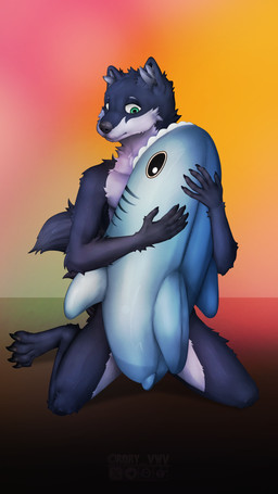affectionate anthro blue_body blue_fur fur gradient_background holding_object holding_plushie hug kneeling male plushie simple_background sitting solo tail rory_vwv aquatic canid canine canis fish mammal shark wolf 4k 9:16 absurd_res hi_res