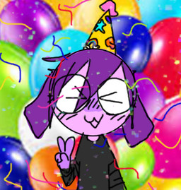 :3 >_< ambiguous_anthro ambiguous_gender anthro birthday black_clothing black_shirt black_topwear blush clothing confetti eyes_closed gesture hand_gesture hat headgear headwear party_hat shirt solo topwear v_sign bravobunny bravo_(bravobunny) lagomorph leporid mammal rabbit low_res