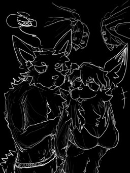 black_arms black_body black_eyes black_fur black_hair black_tail black_tuft bra breasts clothing confusion duo ear_tuft female fingers fluffy fluffy_ears fluffy_tail fur hair happy head_turned long_hair looking_at_another male name_on_clothing tail teeth tongue tongue_out tuft underwear touchworse blavoid voida canid canine canis mammal wolf hi_res