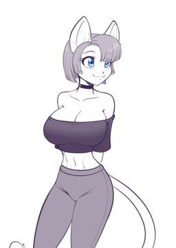 anthro big_breasts blue_eyes bottomwear breasts choker clothing collarbone crop_top eyebrows eyelashes female hair jewelry midriff navel necklace pants shirt solo topwear scorpdk domestic_cat felid feline felis mammal 2026 hi_res spot_color