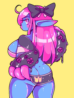 big_breasts blue_body breasts butt eyelashes female hair humanoid_pointy_ears looking_back not_furry pink_eyes pink_hair pointy_ears rear_view ribbons simple_background solo yellow_background glittermiilk humanoid 2017 3:4 aliasing digital_media_(artwork)